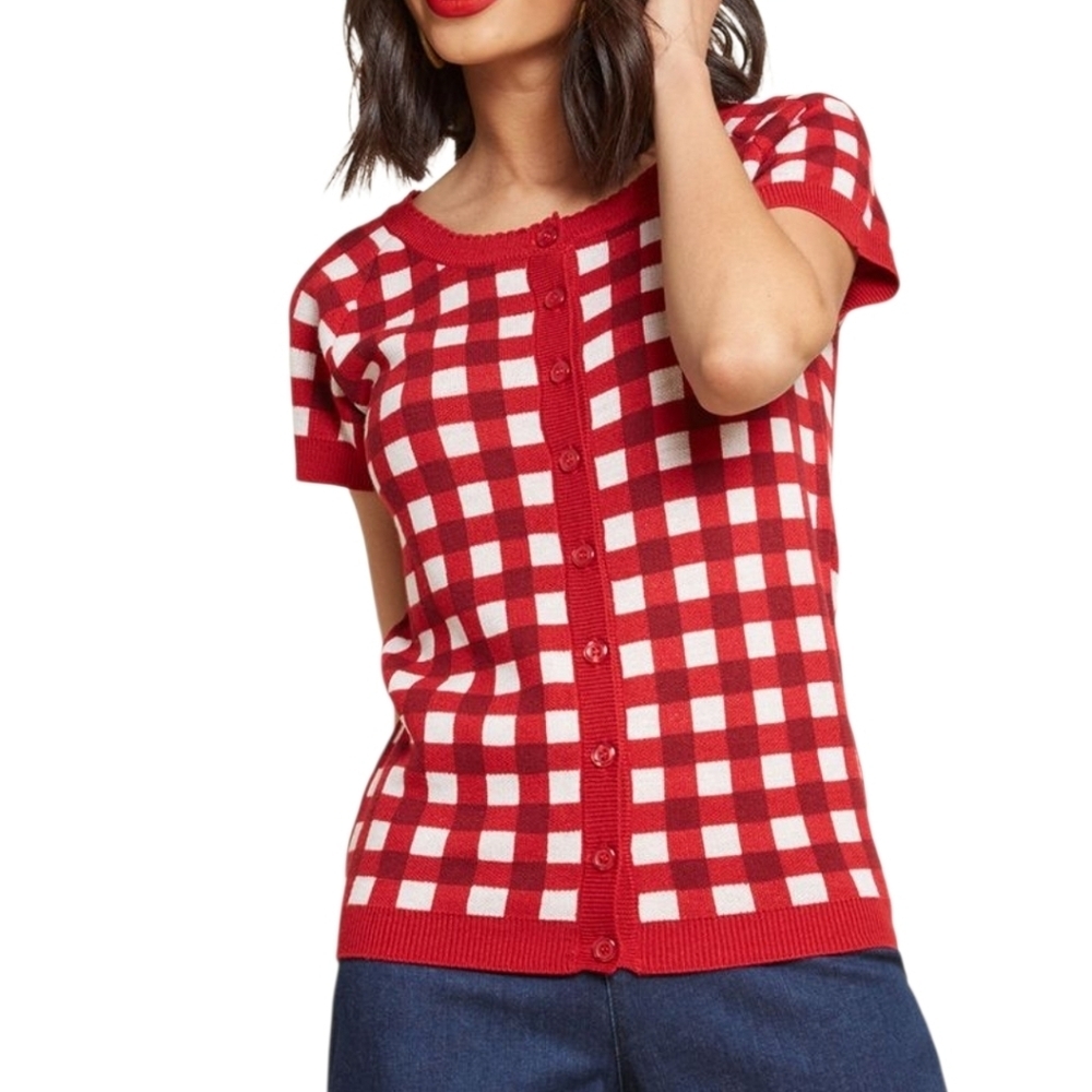 ModCloth Wool Blend Picnic Plaid Check Short Sleeve Cardigan Sz 1X